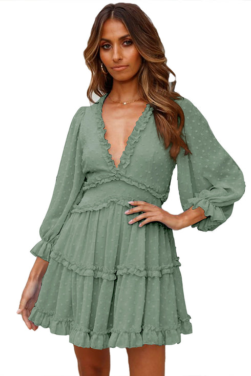 Layered Ruffled Open Back Puff Sleeve Swiss Dot Mini Dress